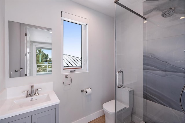 bathroom with vanity, a shower with shower door, wood-type flooring, and toilet