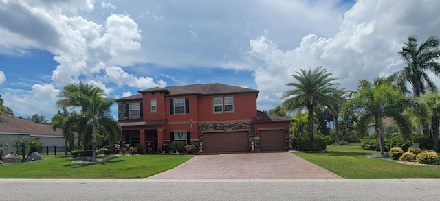 view of front of home with a garage and a front lawn