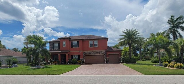 view of front of home featuring a garage and a front lawn