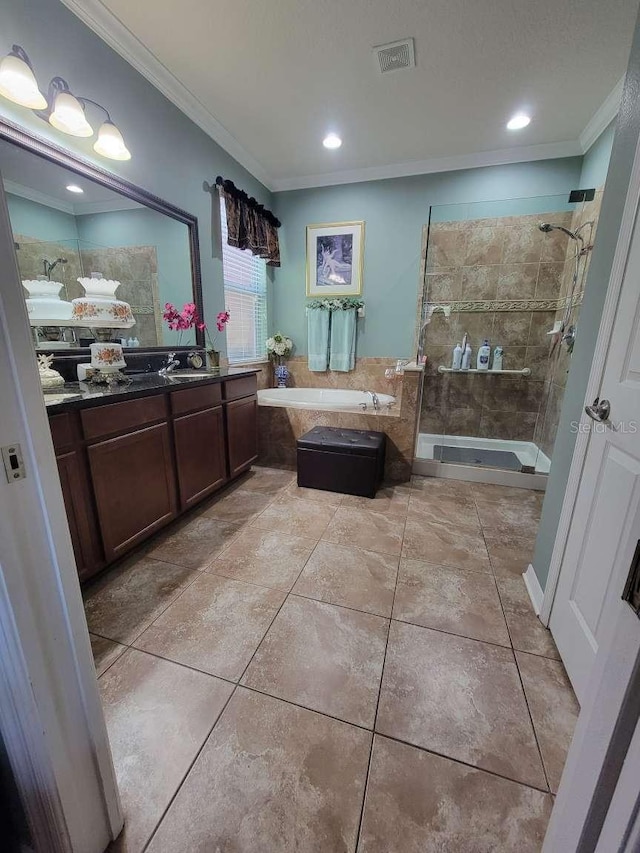 bathroom with tile patterned flooring, vanity, separate shower and tub, and ornamental molding