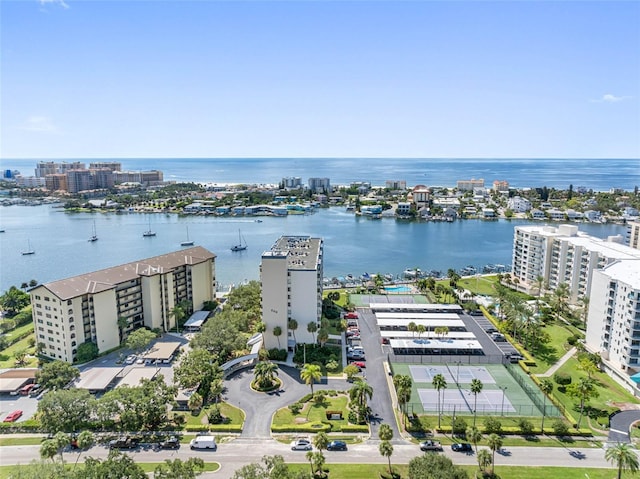 birds eye view of property featuring a water view