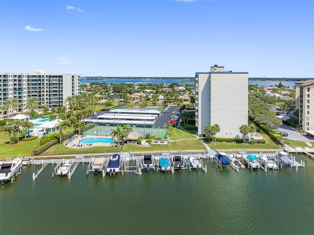 bird's eye view with a water view