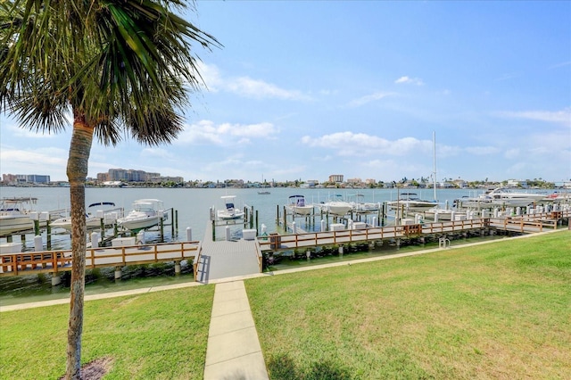 view of dock featuring a water view and a lawn