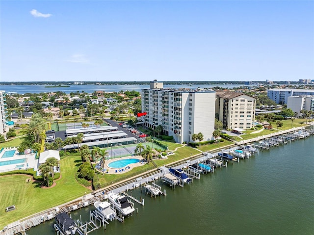 birds eye view of property featuring a water view