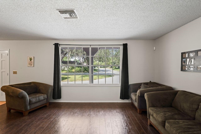 living room featuring a textured ceiling, hardwood / wood-style floors, and a wealth of natural light