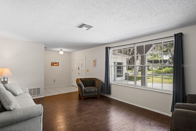 living room with a textured ceiling and wood-type flooring