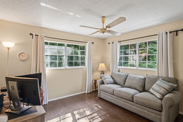 living room featuring ceiling fan, wood-type flooring, and a textured ceiling