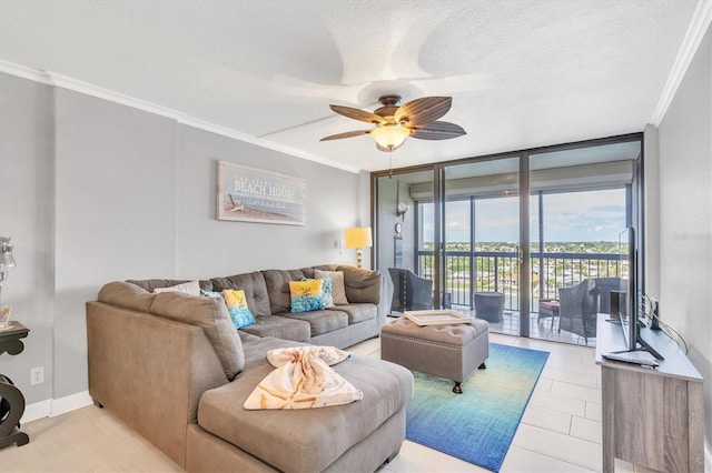 living room with crown molding, floor to ceiling windows, ceiling fan, and a textured ceiling