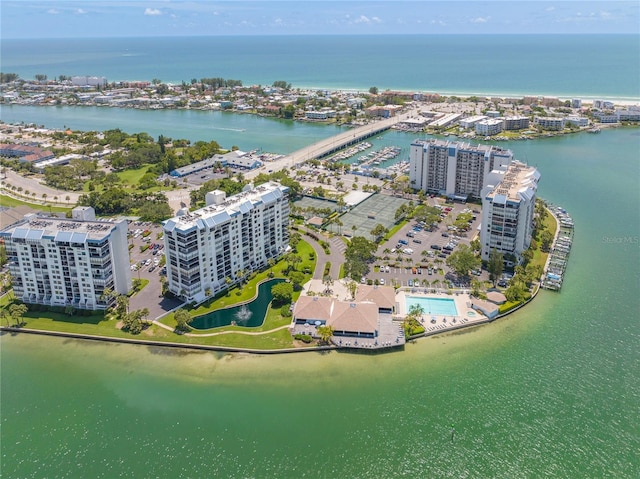 aerial view featuring a water view and a city view