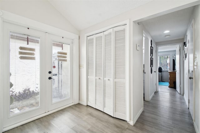 interior space featuring lofted ceiling and light hardwood / wood-style floors