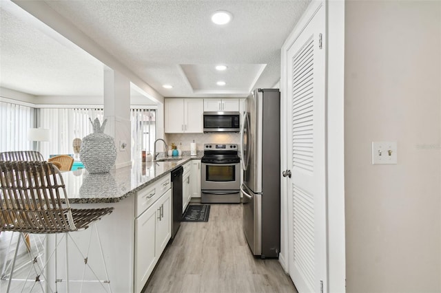 kitchen featuring sink, light stone counters, light hardwood / wood-style flooring, stainless steel appliances, and white cabinets