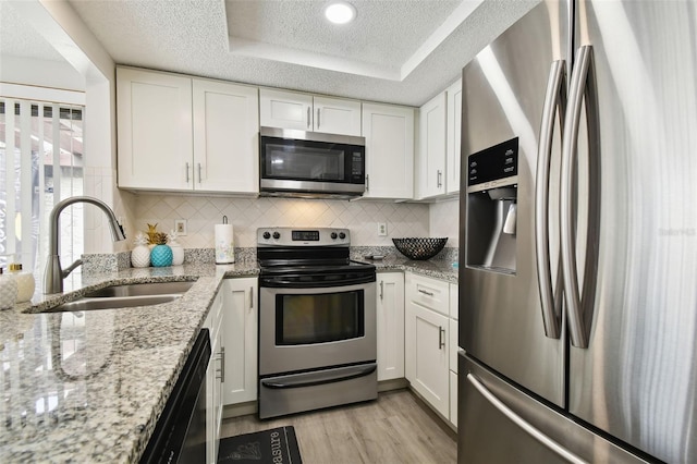 kitchen with white cabinetry, sink, light stone counters, a tray ceiling, and stainless steel appliances