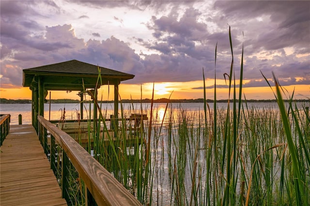 dock area featuring a water view and a gazebo