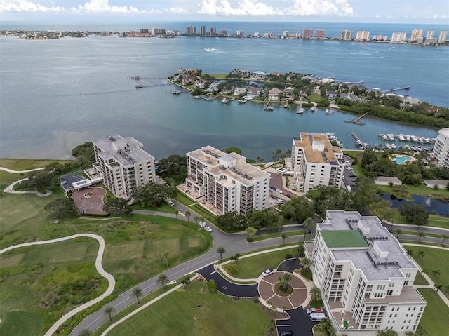 aerial view featuring a water view