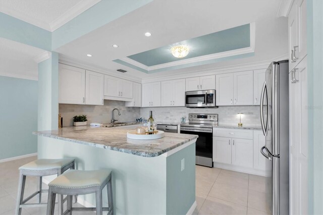 kitchen featuring white cabinetry, tasteful backsplash, a tray ceiling, ornamental molding, and appliances with stainless steel finishes