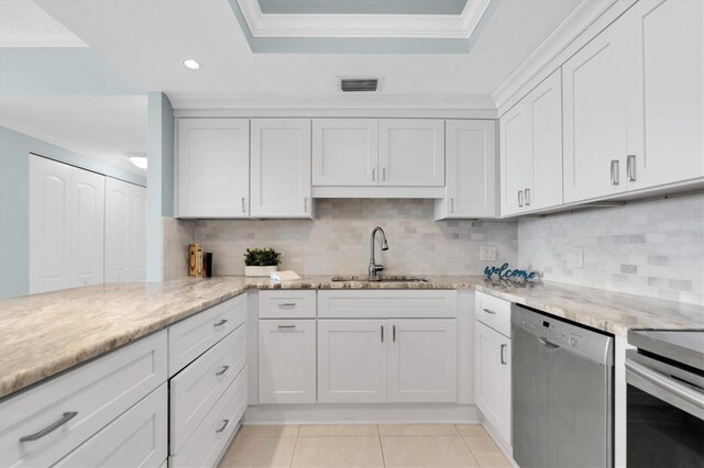 kitchen with sink, stainless steel dishwasher, crown molding, decorative backsplash, and white cabinetry