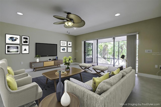 tiled living room featuring ceiling fan