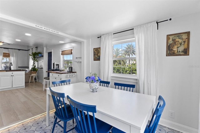 dining room with light hardwood / wood-style flooring and a healthy amount of sunlight