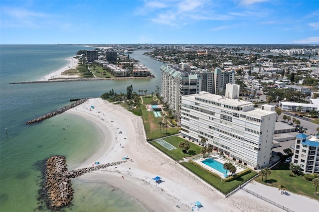 drone / aerial view with a view of the beach and a water view