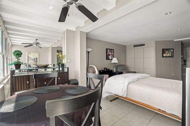 bedroom with visible vents, ceiling fan, beamed ceiling, light tile patterned flooring, and recessed lighting