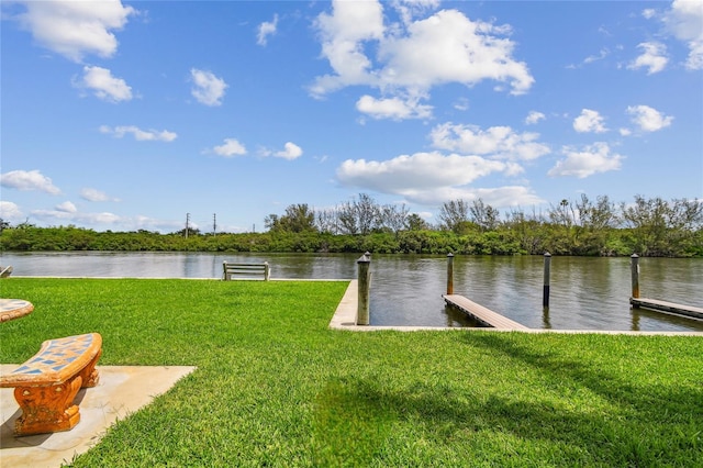 view of dock with a water view and a lawn