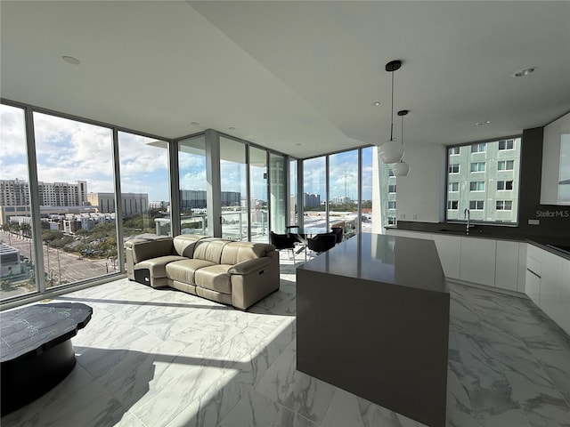 interior space featuring sink and expansive windows