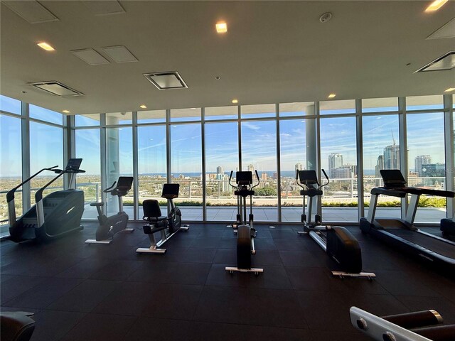 workout area with a city view, a wealth of natural light, and floor to ceiling windows