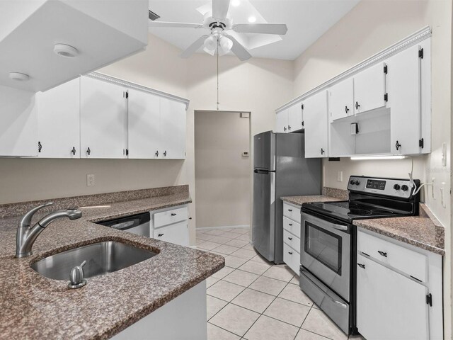 kitchen featuring stainless steel appliances, white cabinets, sink, light tile patterned flooring, and ceiling fan