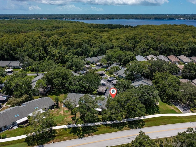 drone / aerial view with a residential view, a water view, and a view of trees