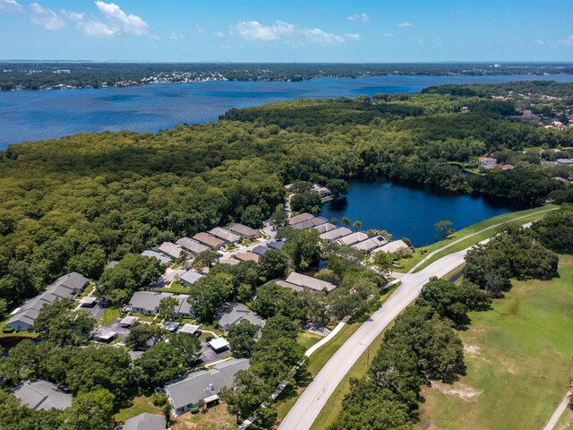 drone / aerial view featuring a water view, a wooded view, and a residential view