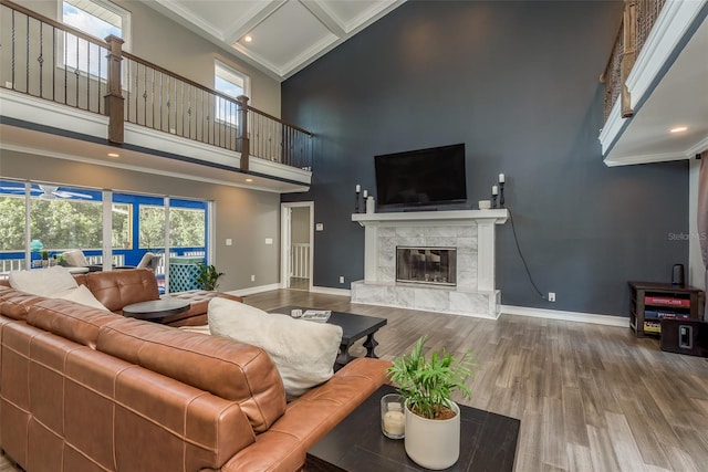 living room with a towering ceiling, a fireplace, ornamental molding, and wood-type flooring