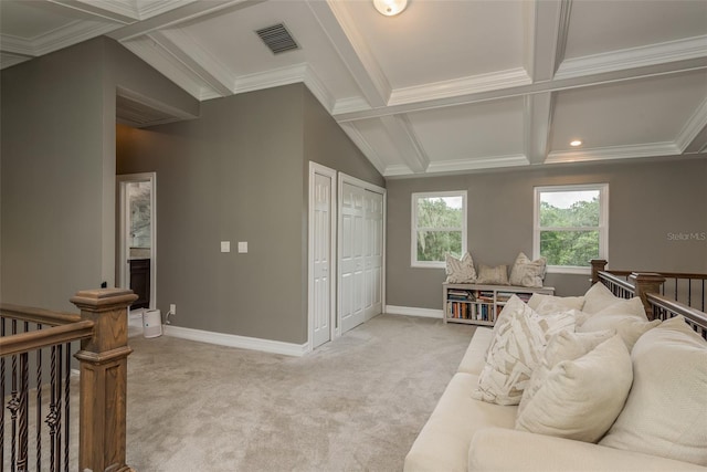 carpeted living room with beamed ceiling and ornamental molding