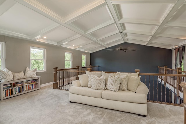 living room with ceiling fan, lofted ceiling with beams, coffered ceiling, and light colored carpet