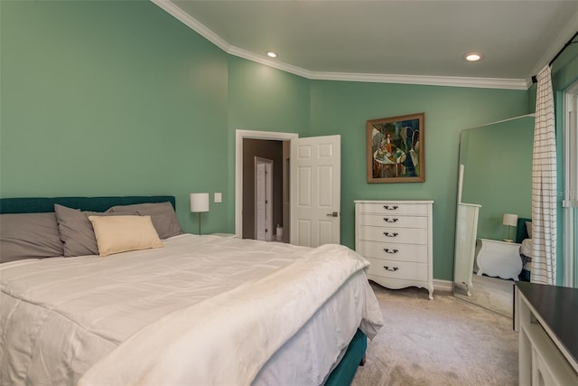 carpeted bedroom featuring ornamental molding