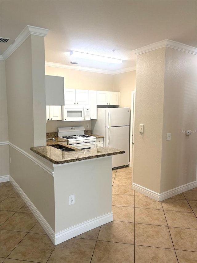 kitchen with sink, white appliances, kitchen peninsula, white cabinets, and dark stone counters