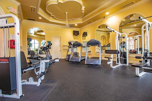 exercise room with crown molding and a raised ceiling