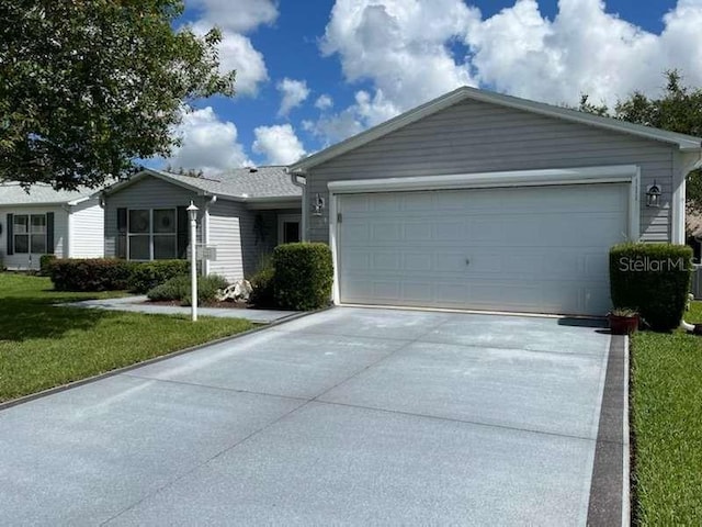 single story home featuring a garage and a front yard