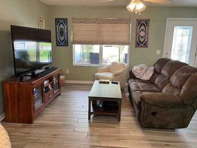 living room featuring ceiling fan, plenty of natural light, and light hardwood / wood-style flooring