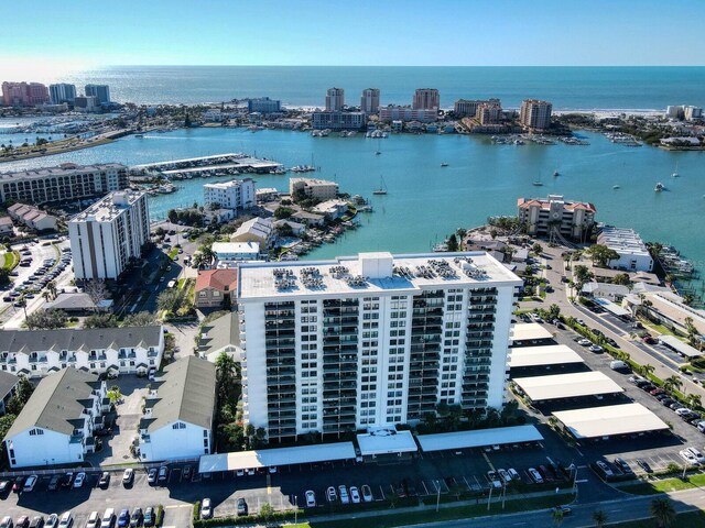 drone / aerial view with a water view