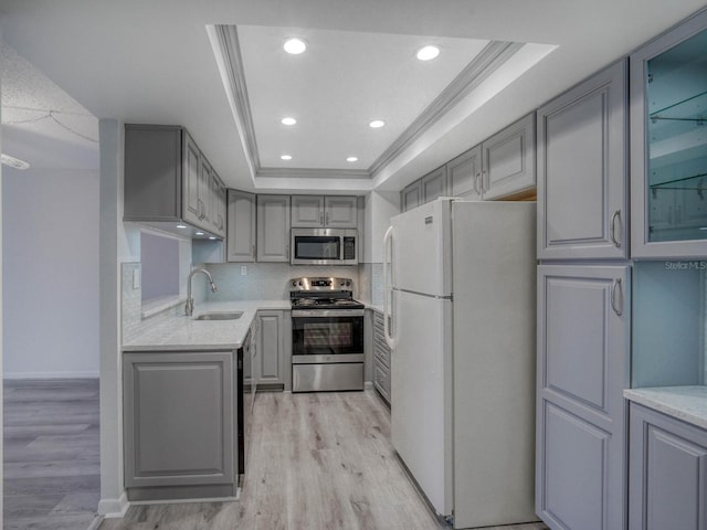 kitchen with sink, gray cabinetry, a tray ceiling, stainless steel appliances, and light wood-type flooring