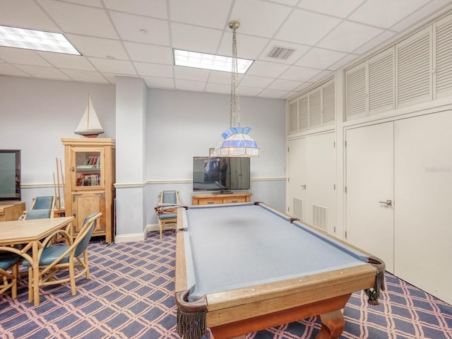 rec room with a paneled ceiling and billiards