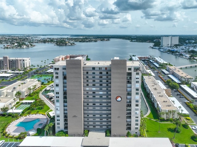 drone / aerial view featuring a water view