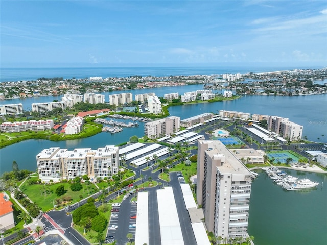 drone / aerial view featuring a water view