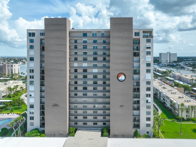 view of building exterior featuring a water view