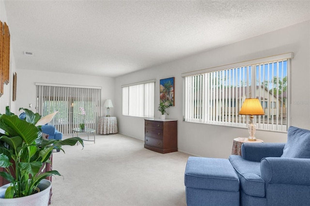 sitting room with light colored carpet and a textured ceiling