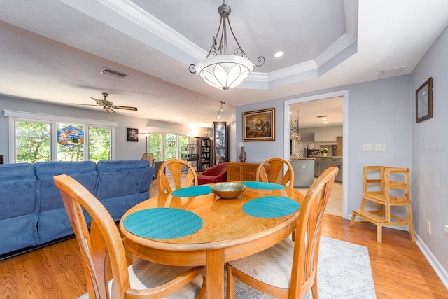 dining room featuring light hardwood / wood-style flooring, a tray ceiling, and ceiling fan