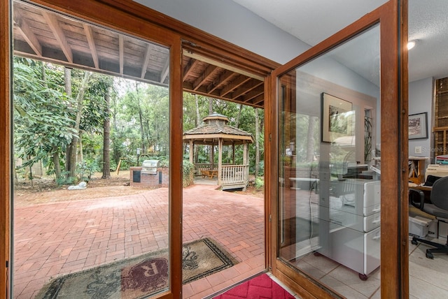 doorway to outside featuring vaulted ceiling and plenty of natural light