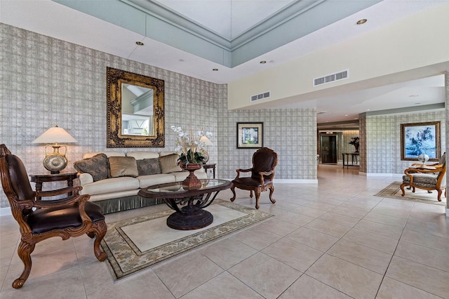 living room with light tile patterned flooring