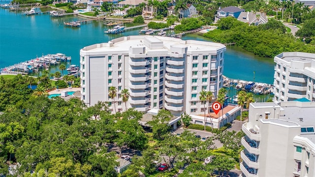 drone / aerial view featuring a water view