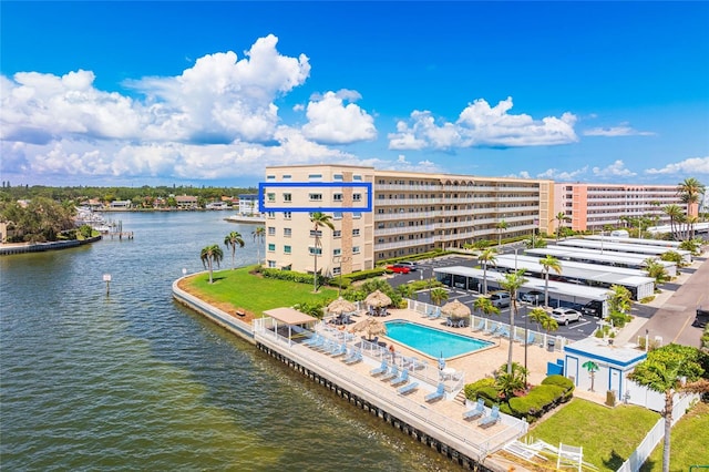 drone / aerial view with a water view